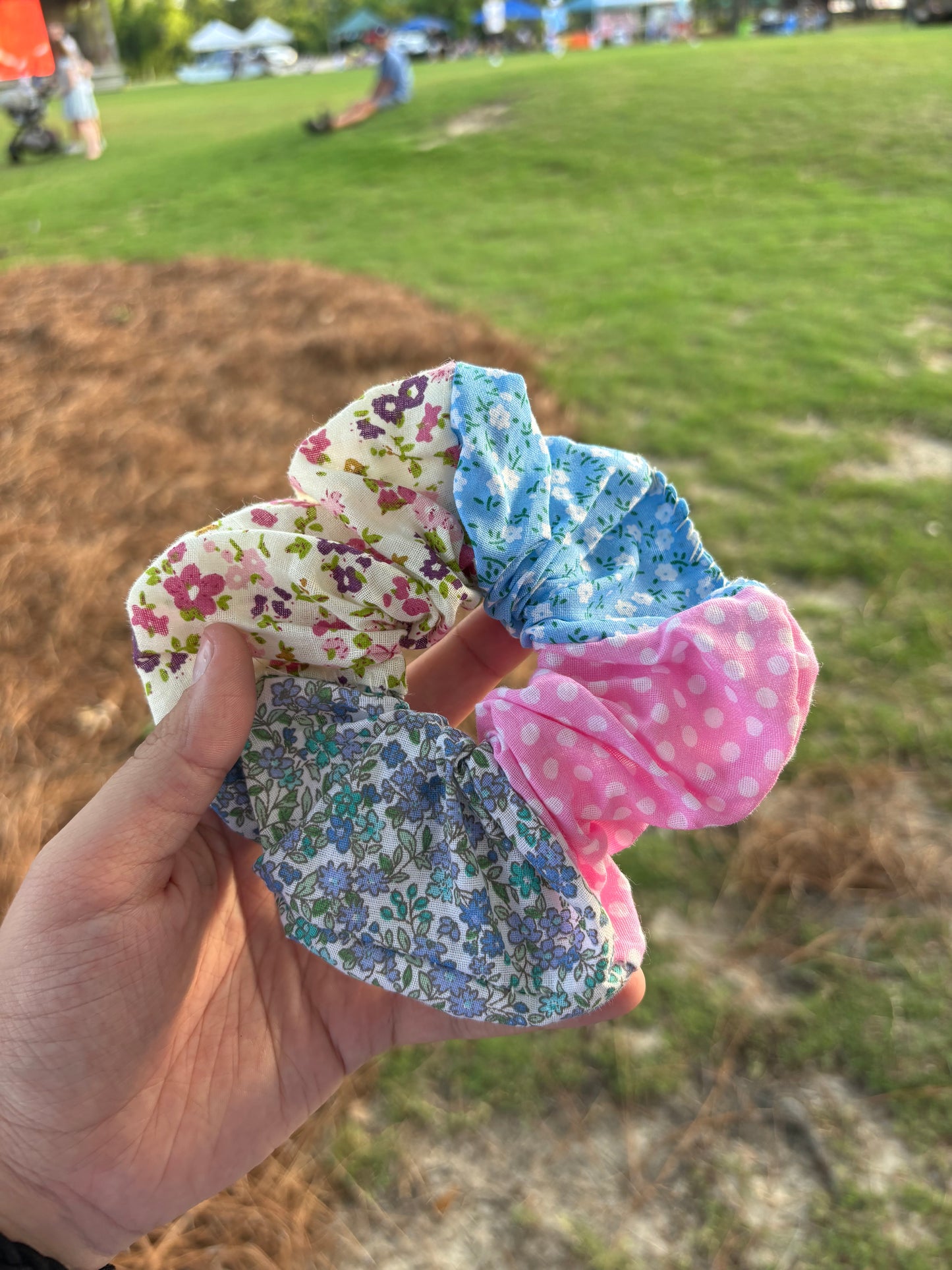 Blue and Pink Hand Sewn Scrunchie