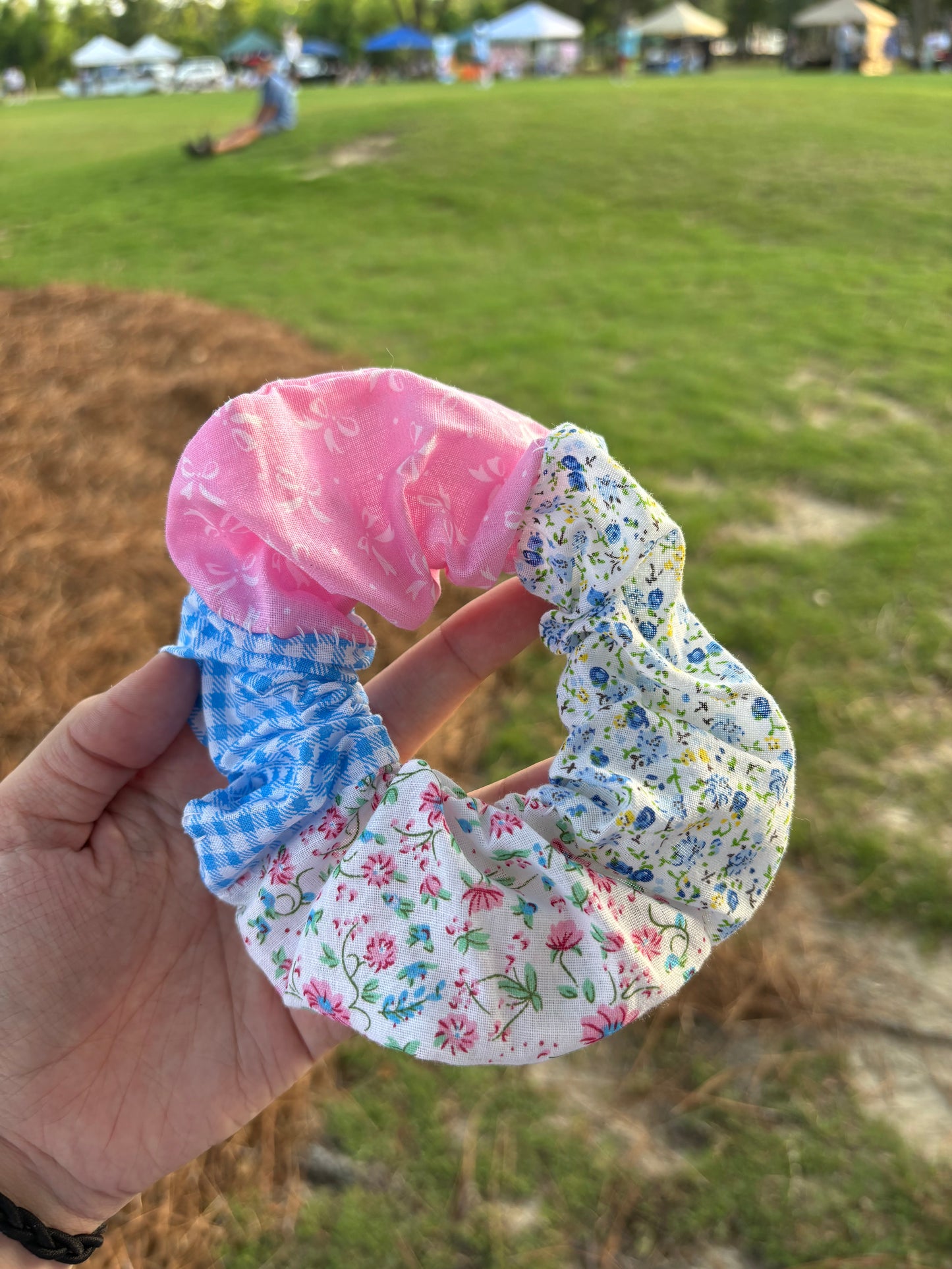 Blue and Pink hand Sewn Scrunchie